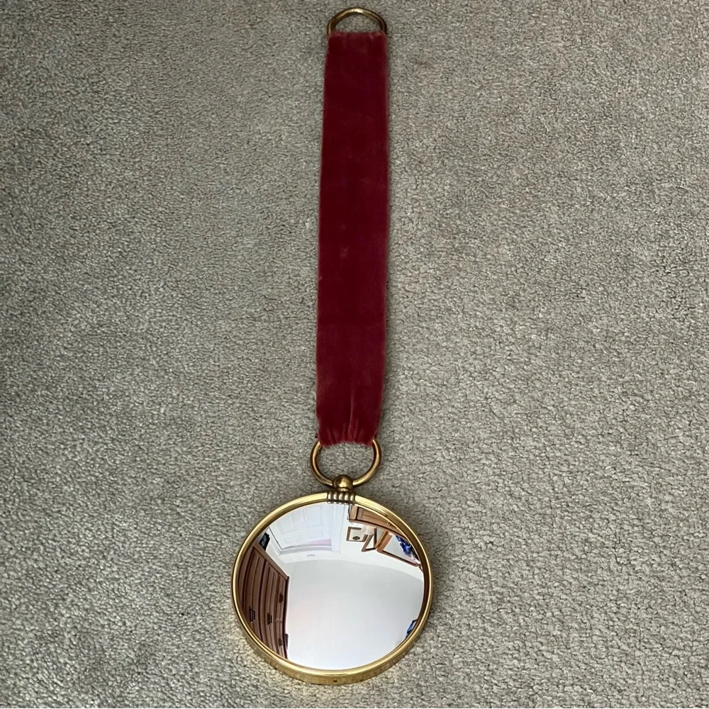 Vintage Convex Mirror Witch’s Eye 5.5” diameter Dark Red Velvet Hanger Poncelet